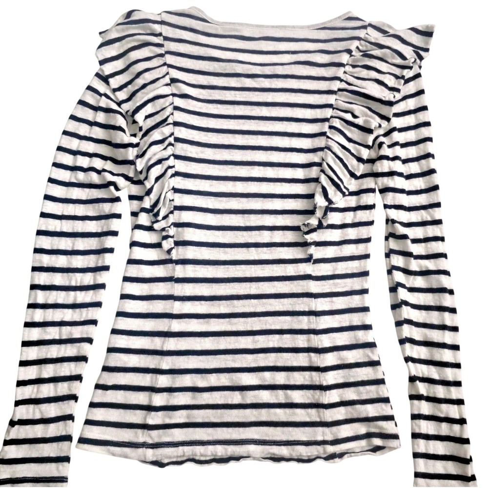 FRAME Linen Long Sleeve Top Ruffle Striped White Black Size S P - Picture 3 of 5